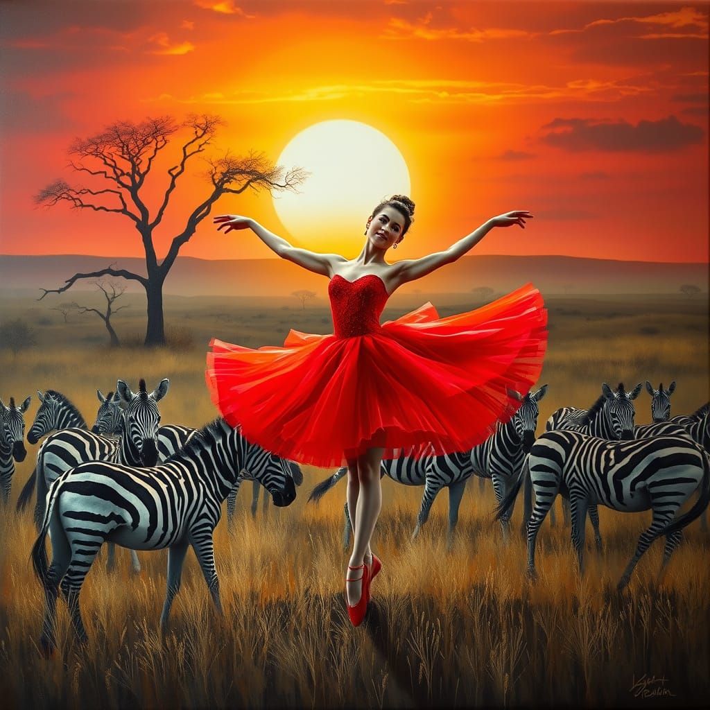 Red Tutu Ballerina Dances with Zebras in Sunset Serengeti