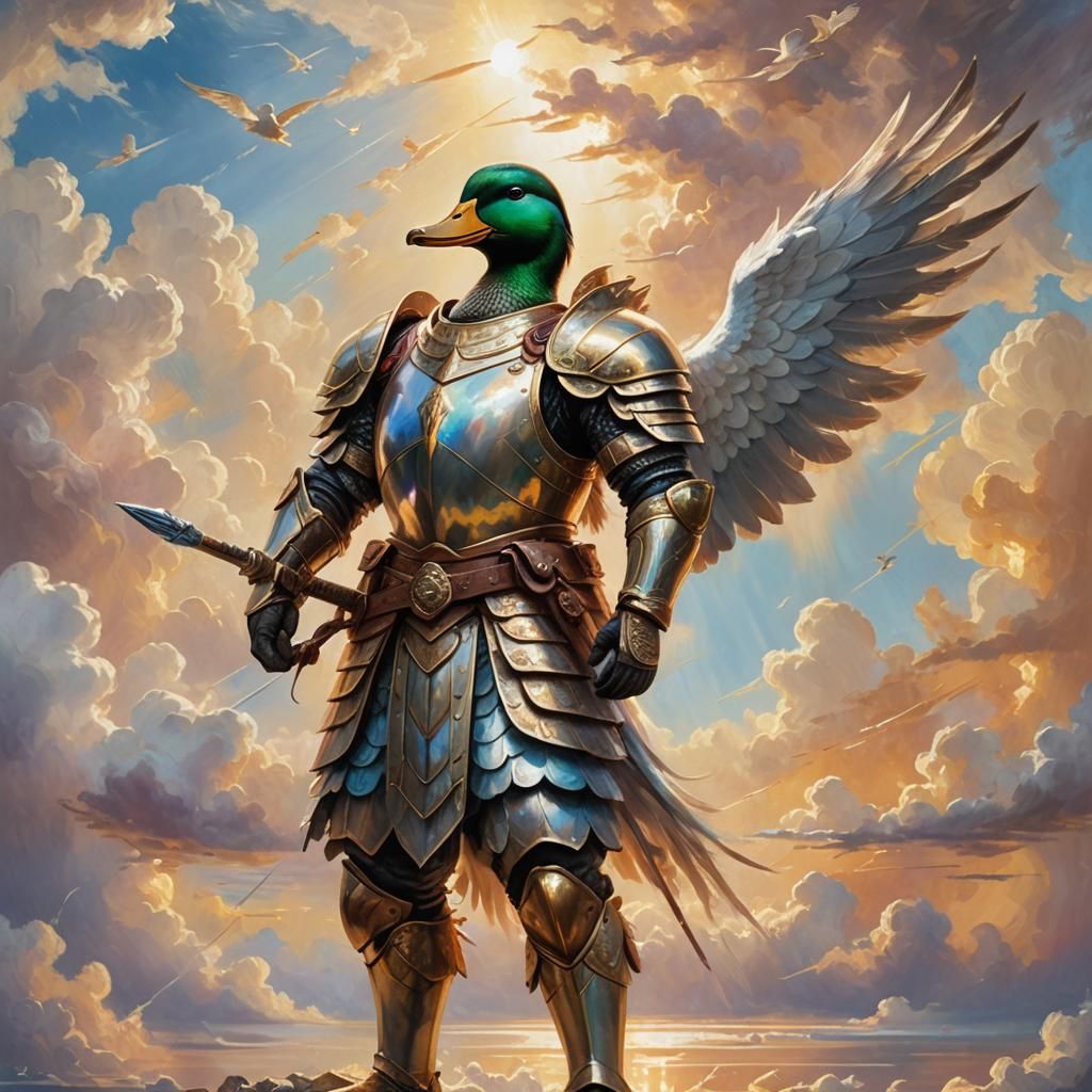 Armored Duck Warrior in Divine Oil Painting