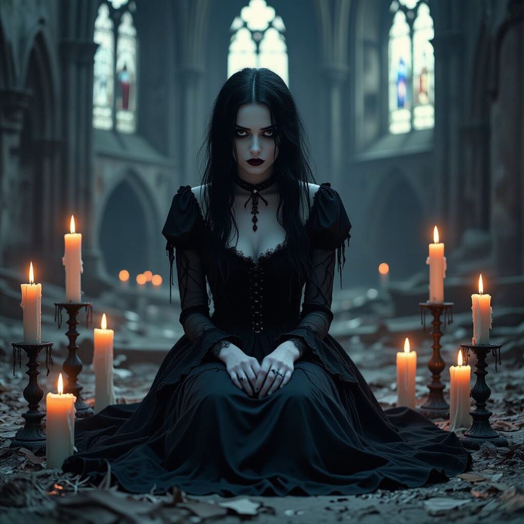 Gothic Woman in Dilapidated Cathedral, Dark Romanticism