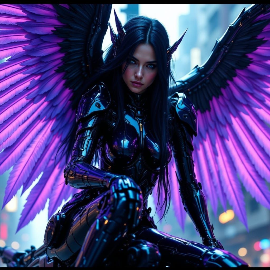 Cyber Angel with Iridescent Armor and Neon Lighting