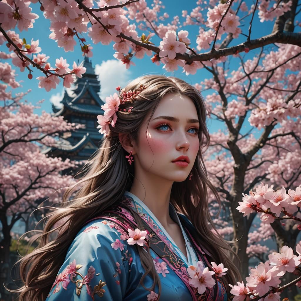Girl with Blue Eyes Sniffing Sakura: Detailed Matte Painting
