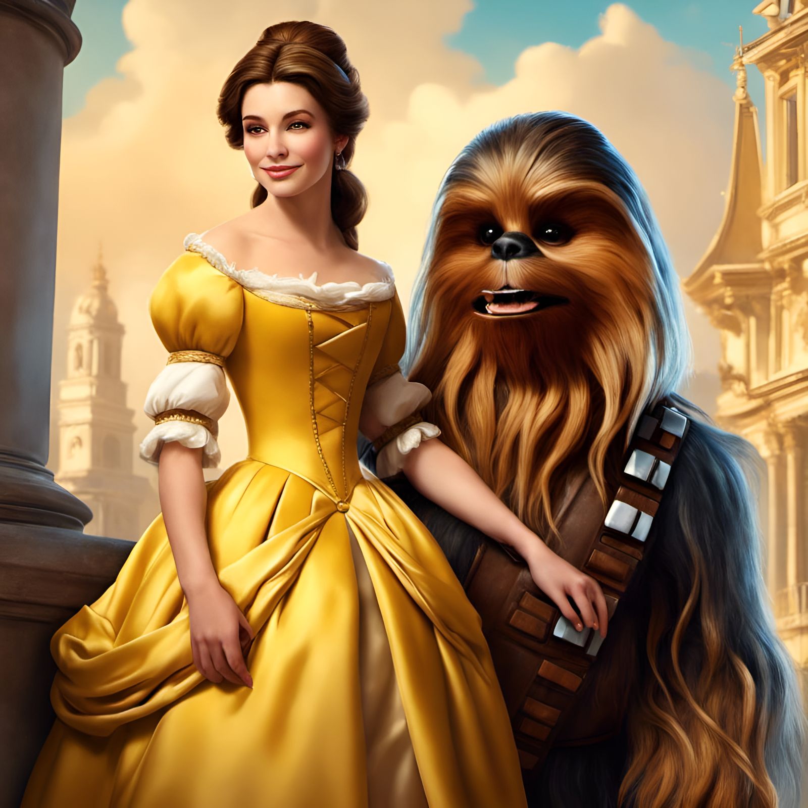 Belle and Chewbacca Portrait in Canaletto Style