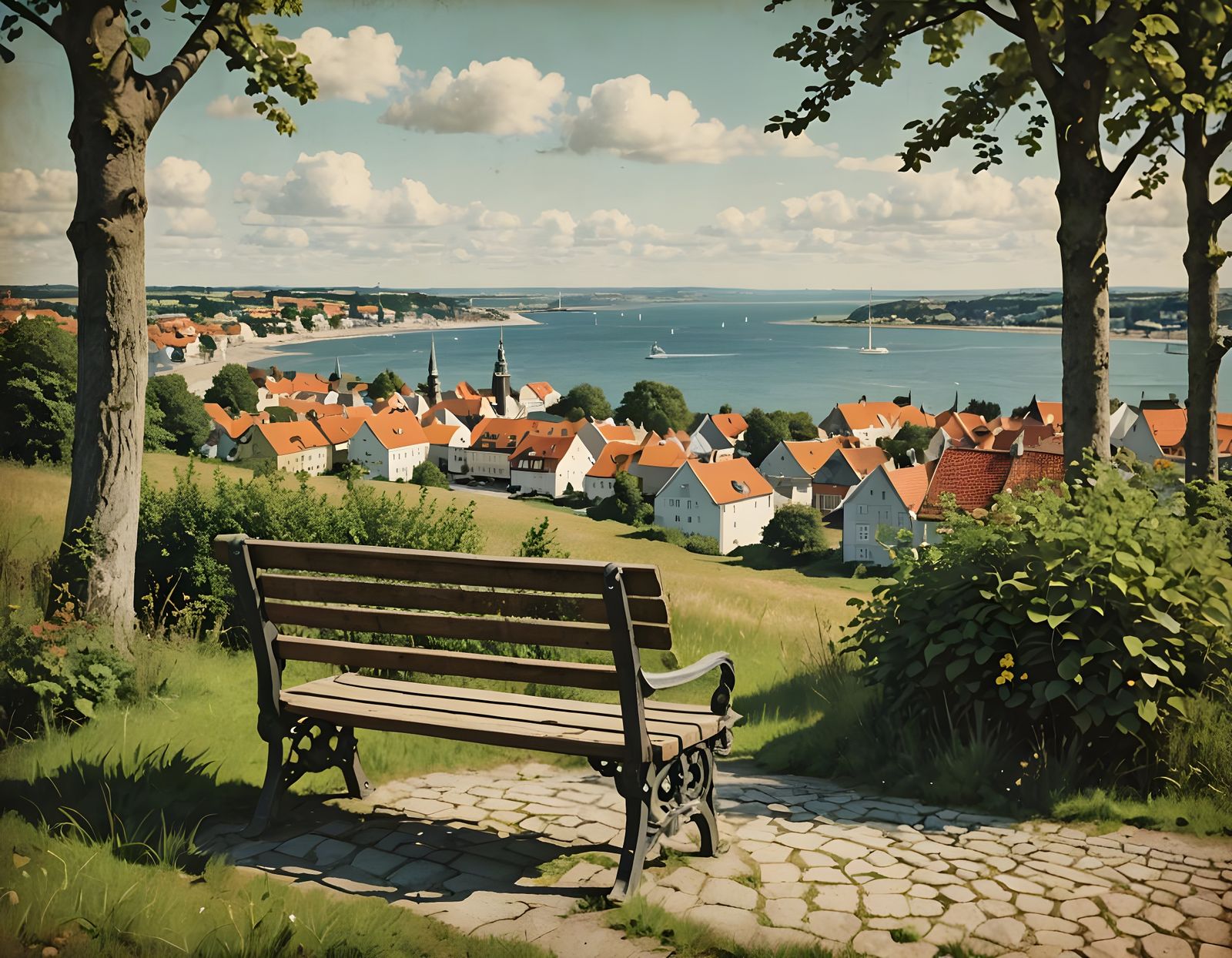 Retro-Style Postcard from a Danish Bench
