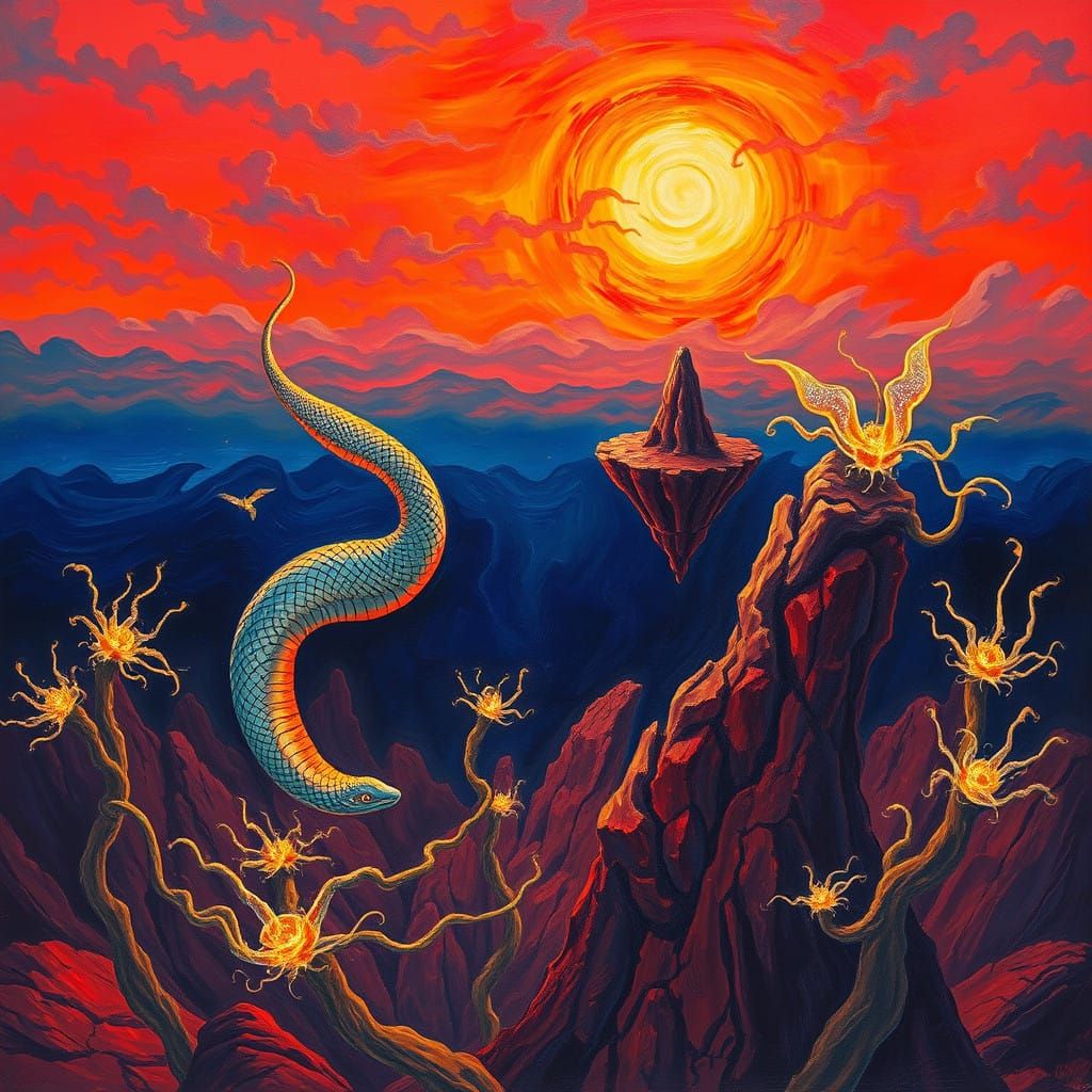 Surreal Serpent Unfurls through Fiery Skies amidst Twisted R...
