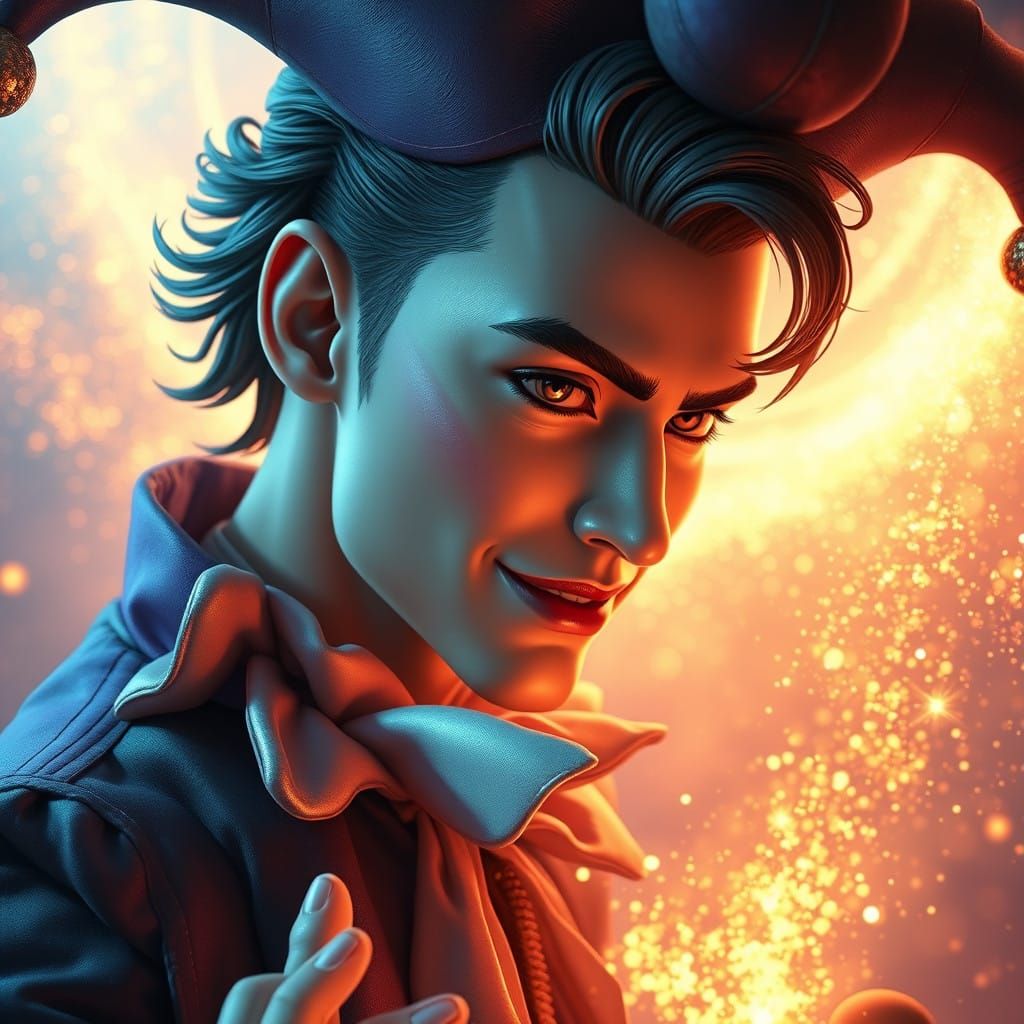 Mystical Jester in Whimsical, Pastel-Hued Landscape