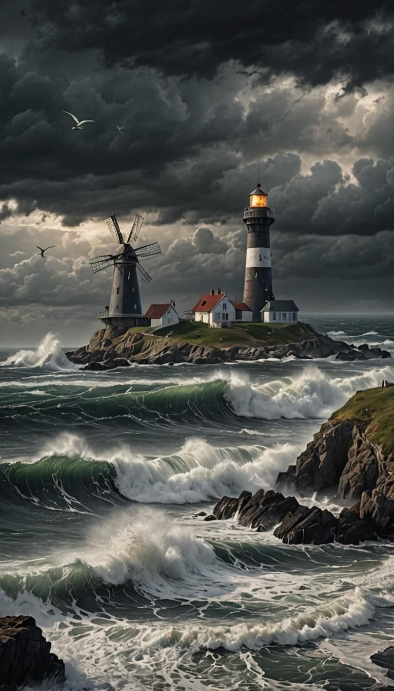 Dramatic Coastal Scene: Lighthouse and Windmill at Night