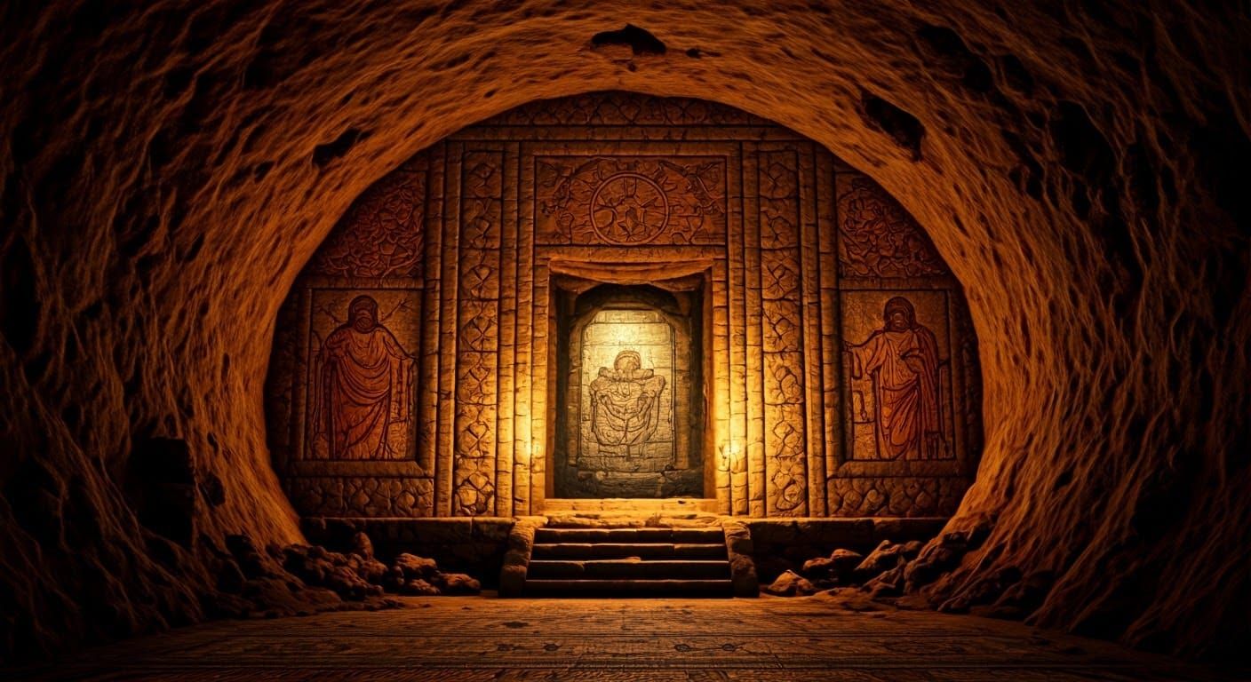 Etruscan Mosaic: Temple Entrance with Gods in Matte Painting