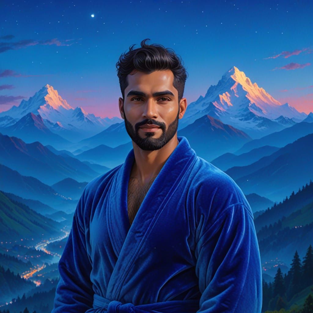 Elegant Man in Blue Velvet Robe: Impressionist Oil Painting