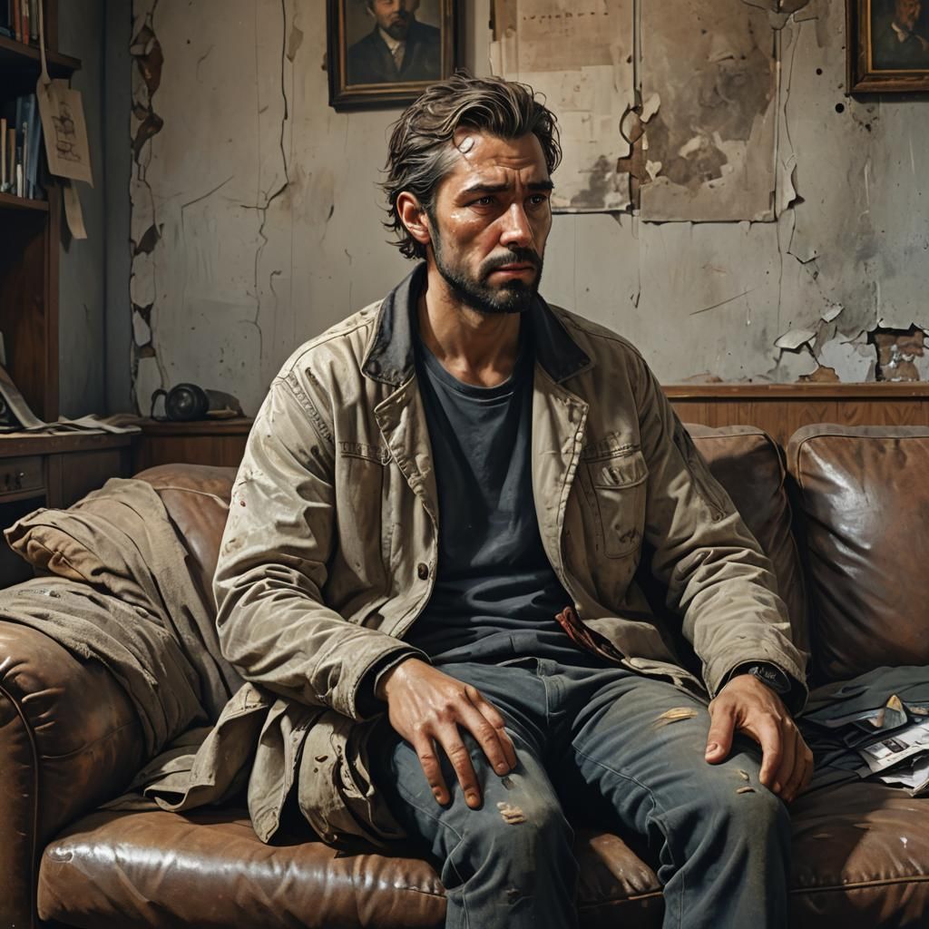 Worried Man on Couch: Hyper-Realistic Fantasy Art