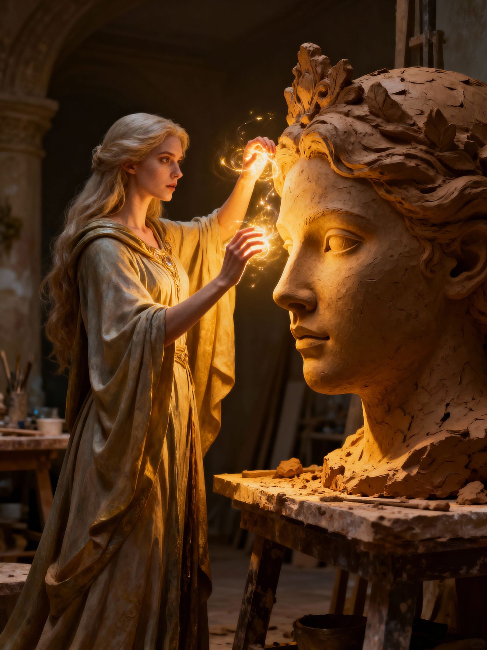 Sorceress Magically Sculpts a Face from Clay