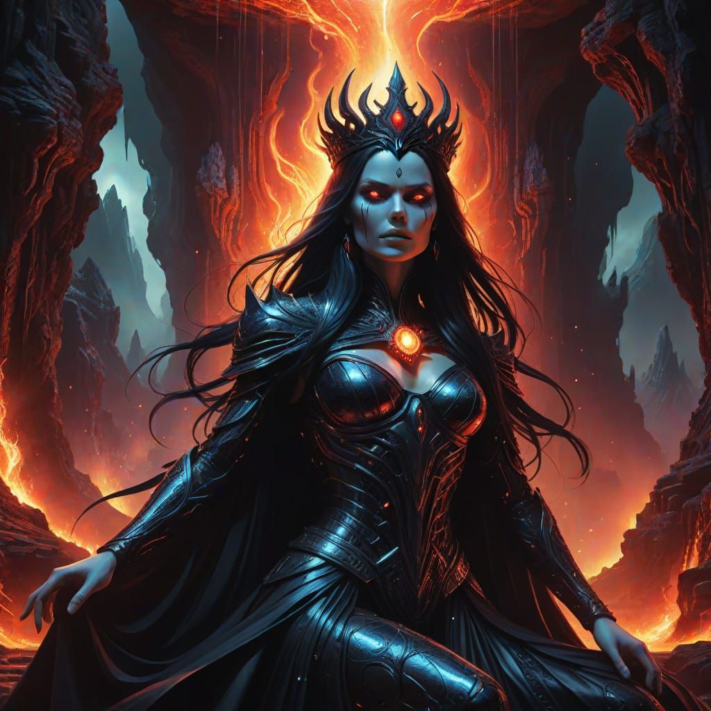 Dark Fantasy Sorceress in a Throne Room of Lava