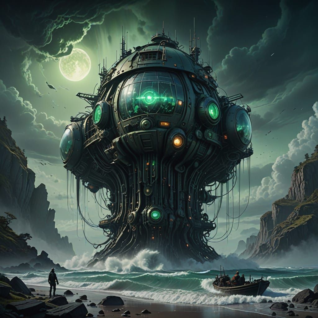 Majestic Biomechanical Vessel in Turbulent Waves, Glowing Em...