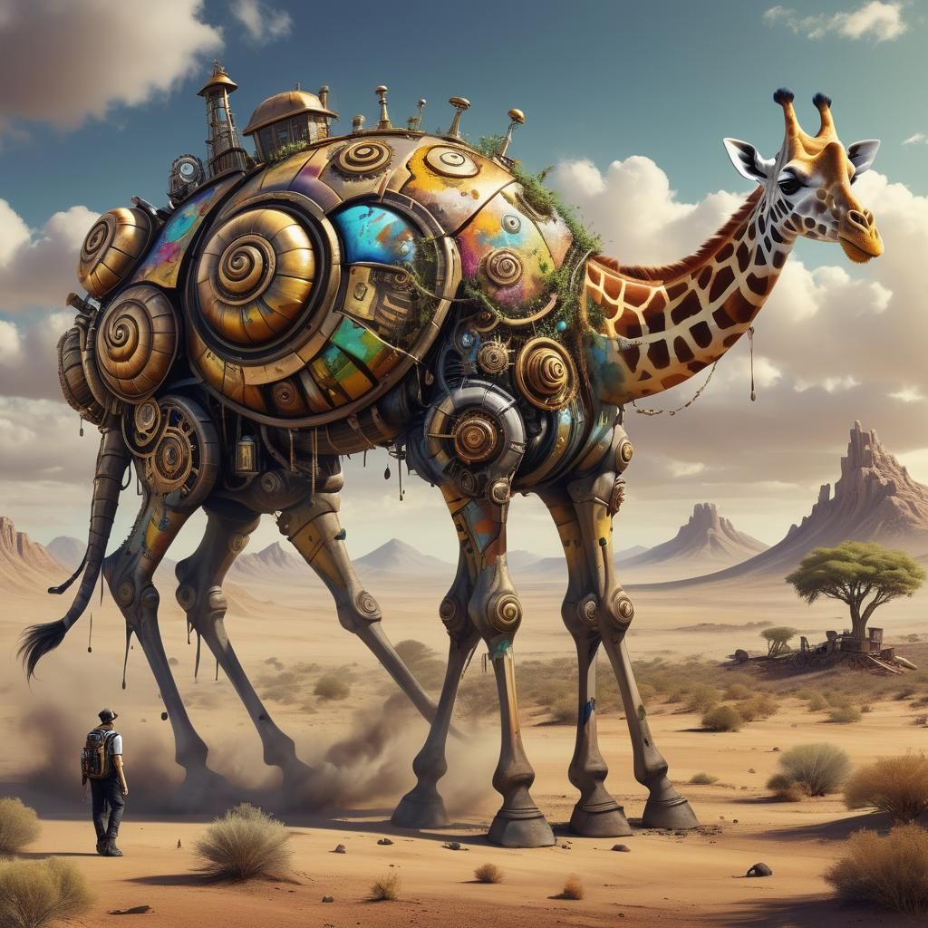 Steampunk Snail-Giraffe Hybrid on Alien Planet