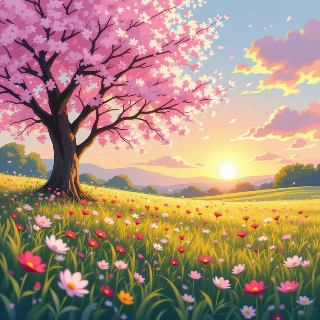 Cherry Blossom Meadow at Sunrise: Ethereal Art