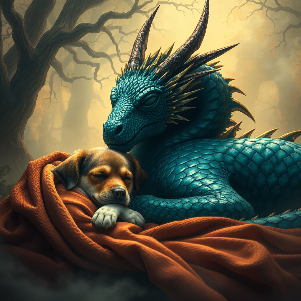 Dog Sleeping with Dragon in Fantasy Landscape