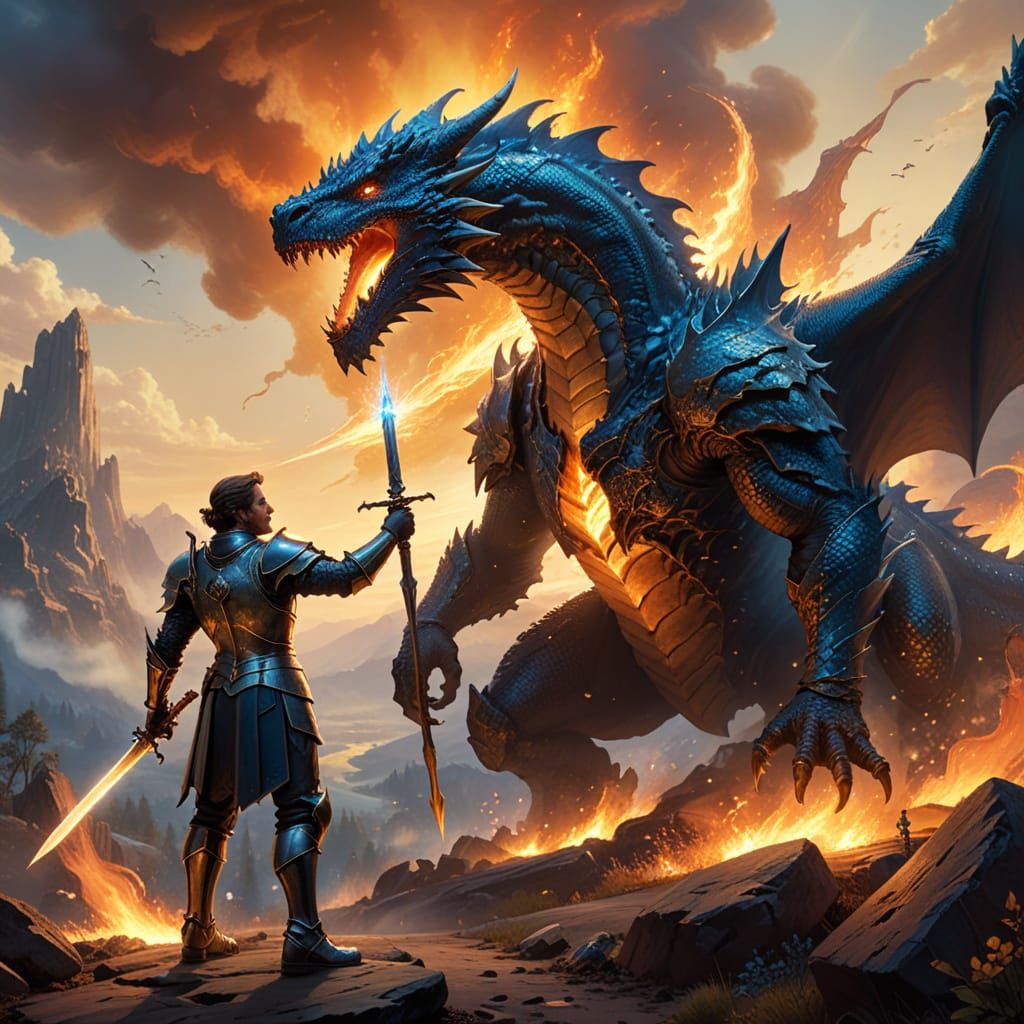 Brave Knight Battles Colossal Dragon in Shimmering Blue Armo...
