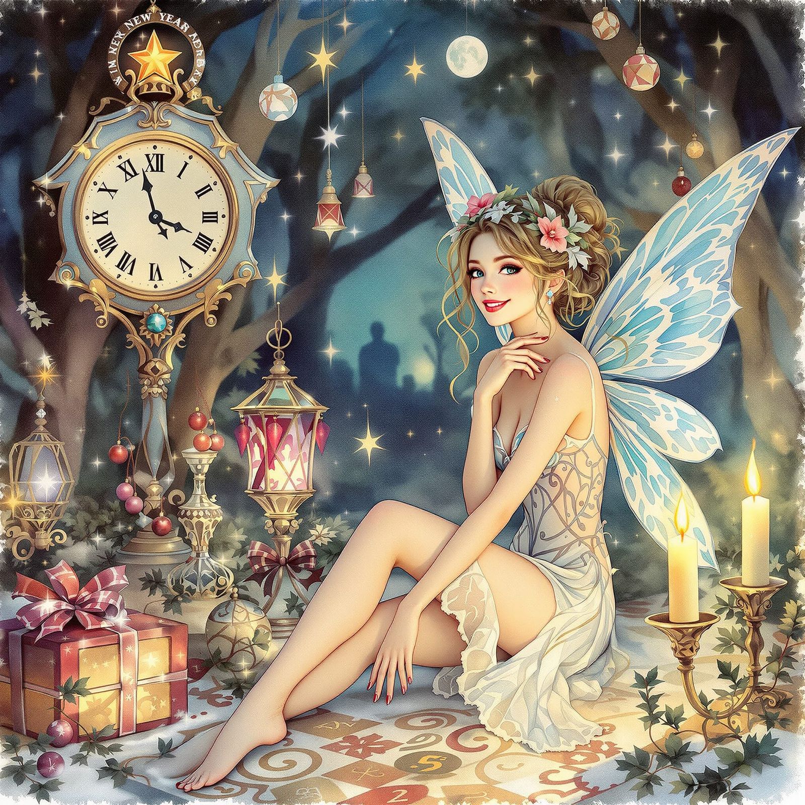 Fairy Beside New Year Decorations in Watercolor Style