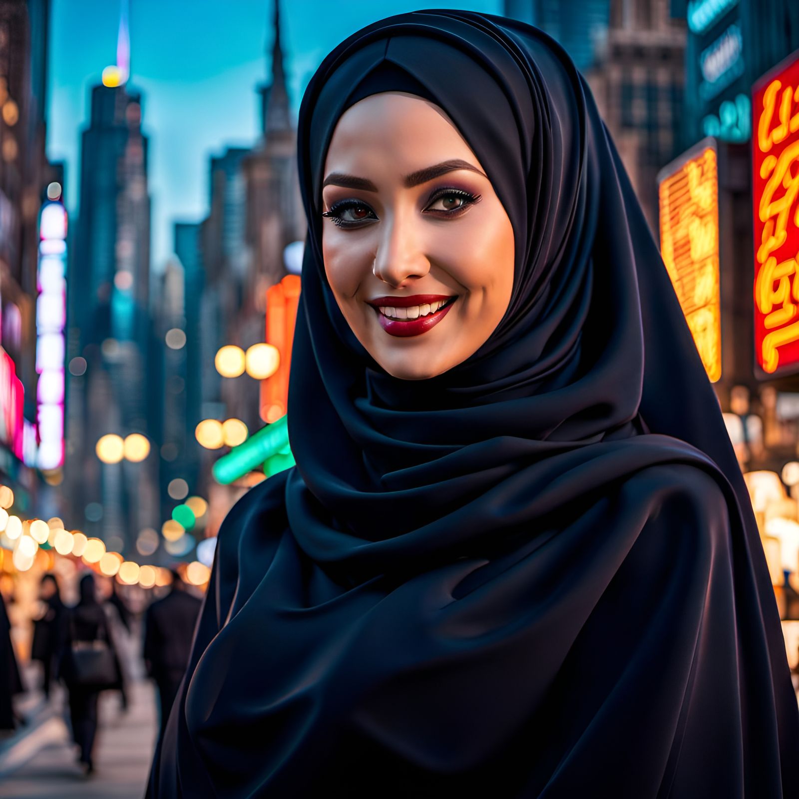 Elegant Hijabi Woman in Futuristic Cityscape