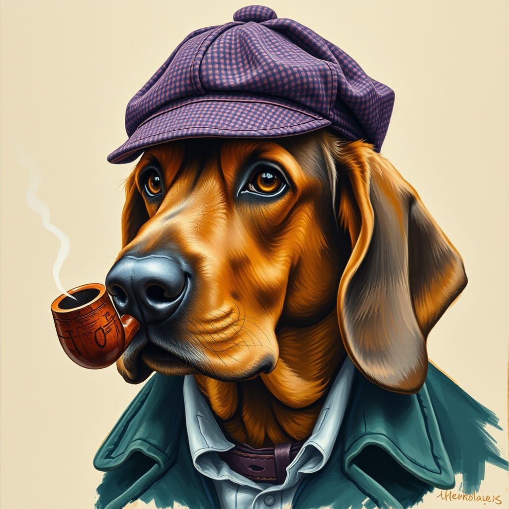 Bloodhound as Sherlock Holmes in Gouache Painting