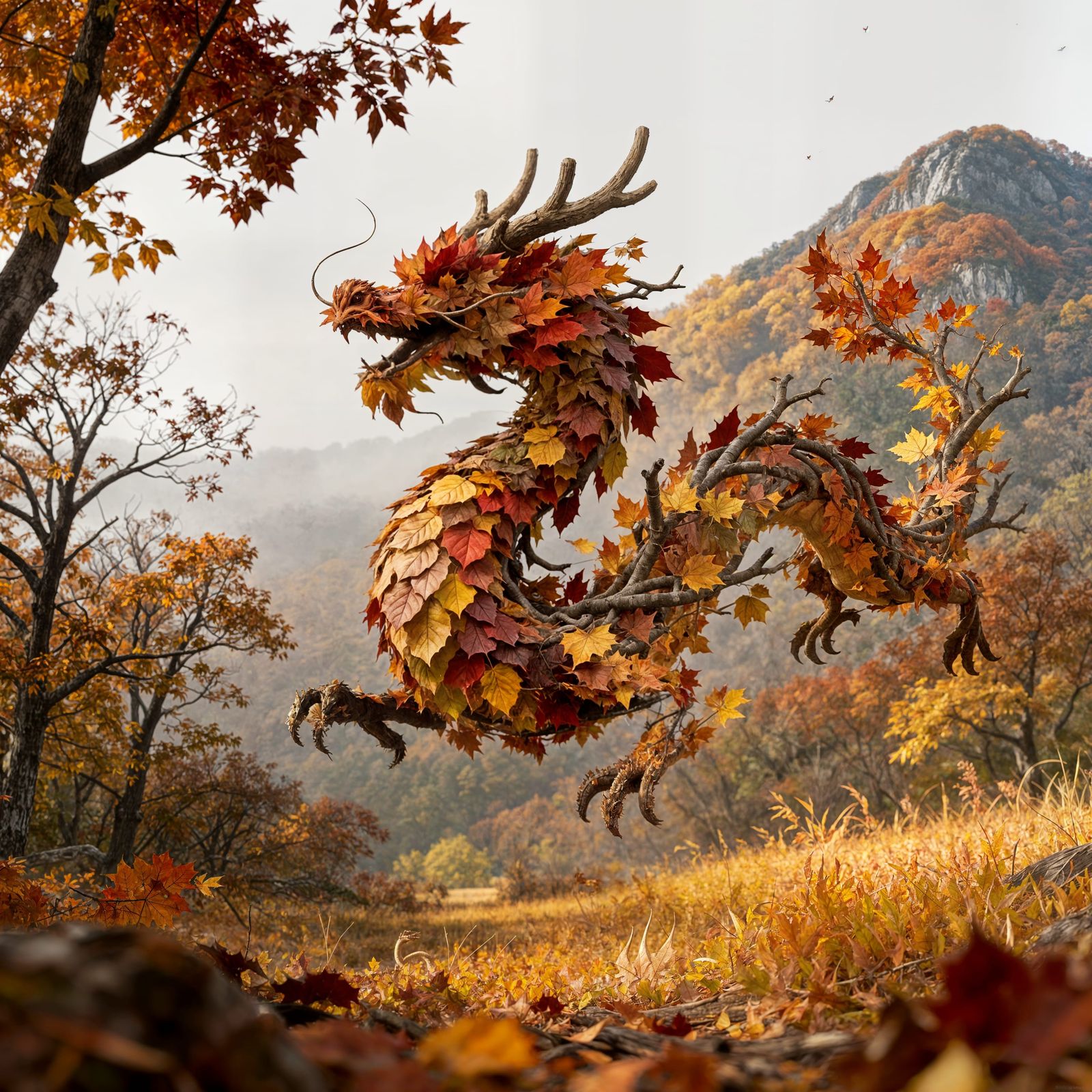 Autumn Leaves Form Chinese Dragon Over Fall Landscape