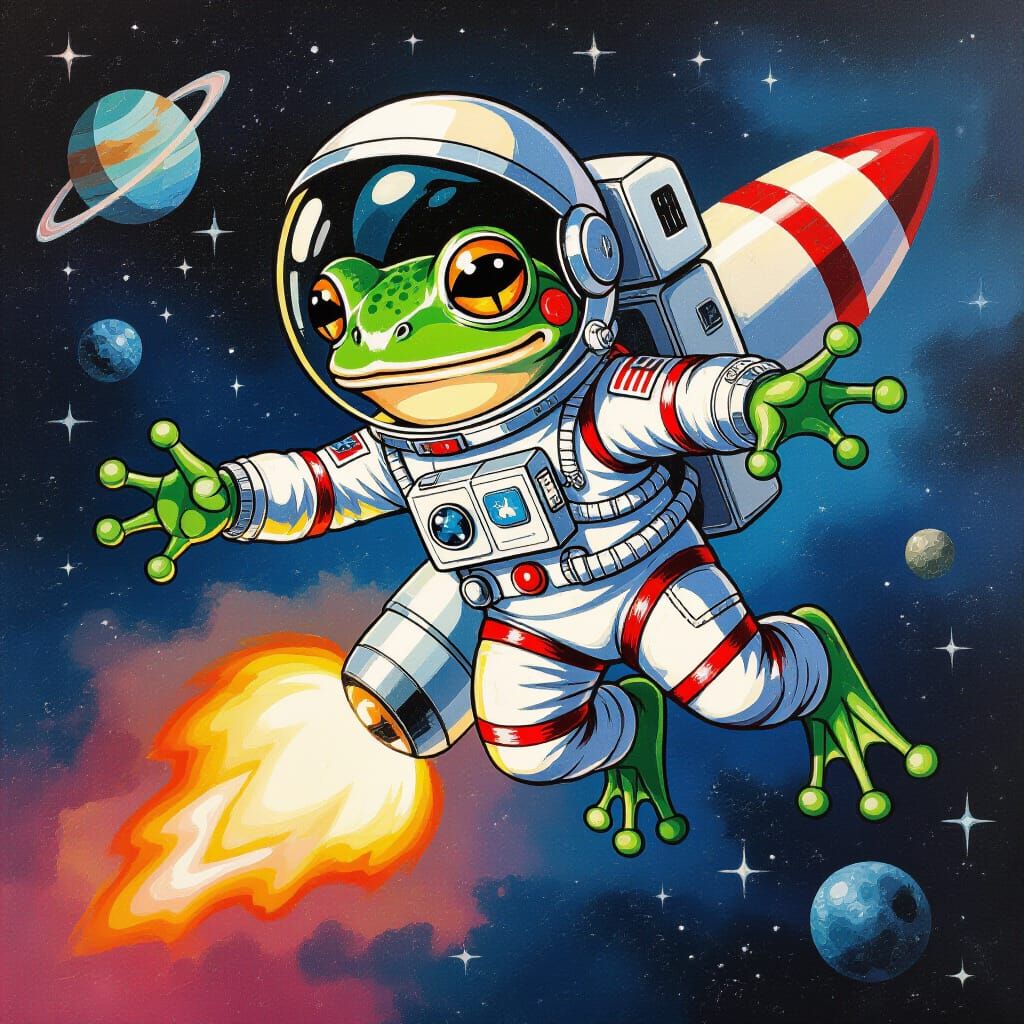 Frog Astronaut in Outer Space: Gouache Painting