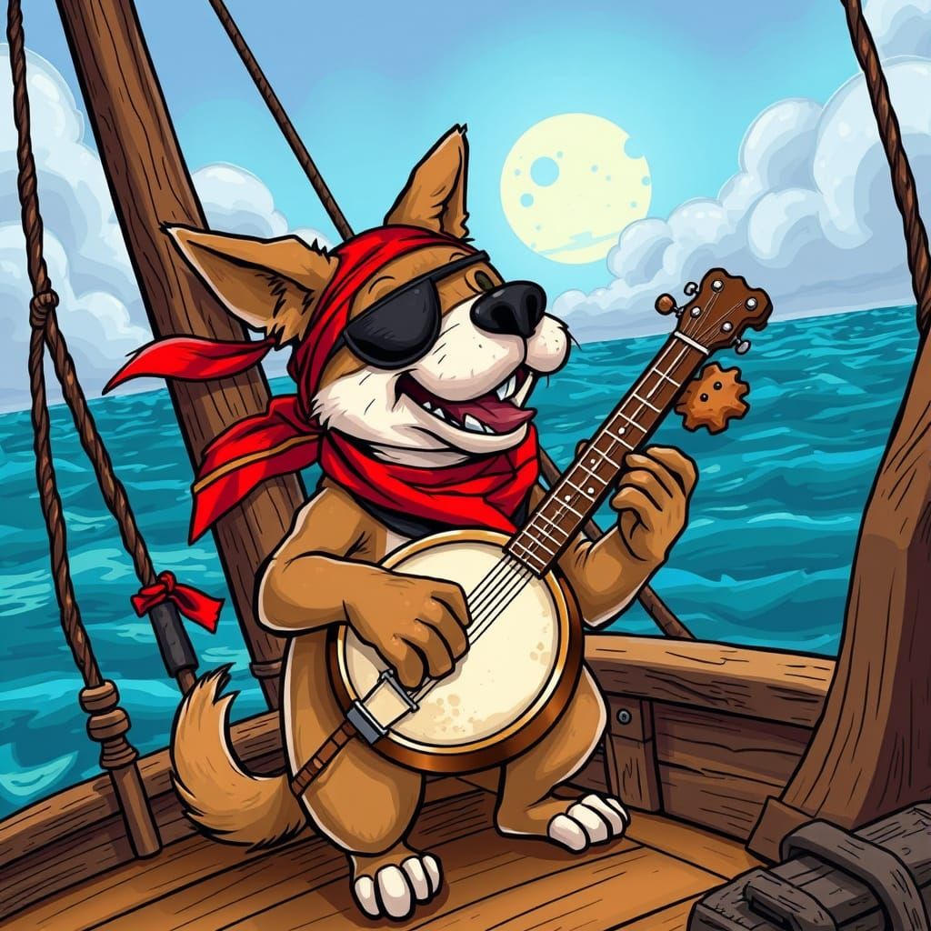 Cartoon Pirate Dog Plays Banjo in Comic Book Style