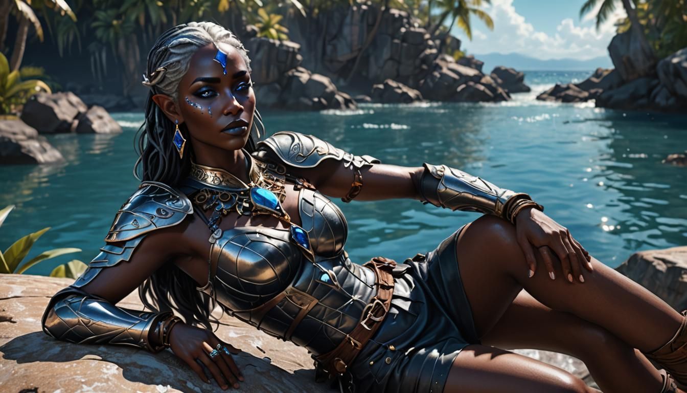 Drow Sunbather in Detailed Armor, Gaming Concept Art