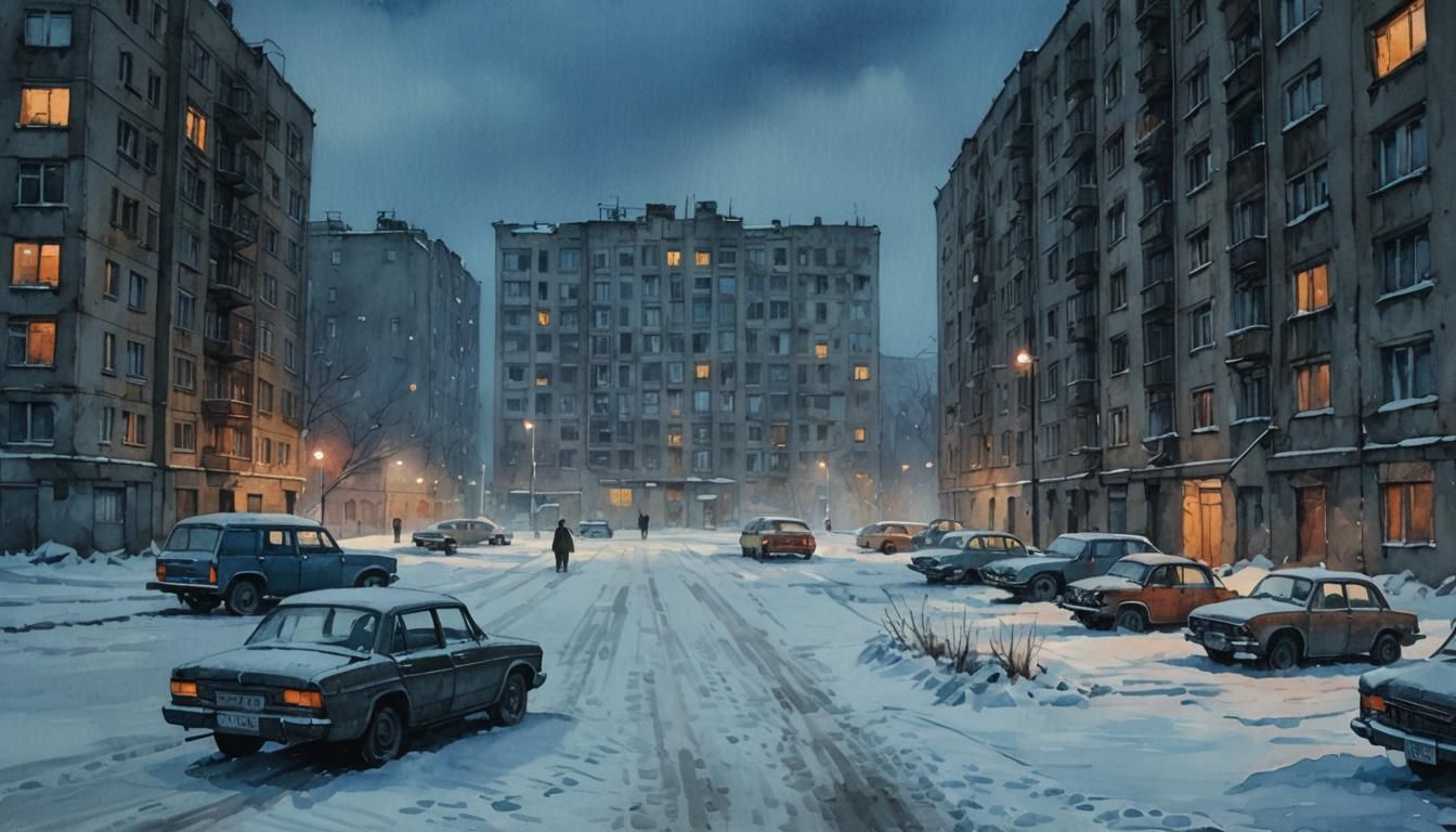 Soviet Winter Night Cityscape as Watercolor Painting