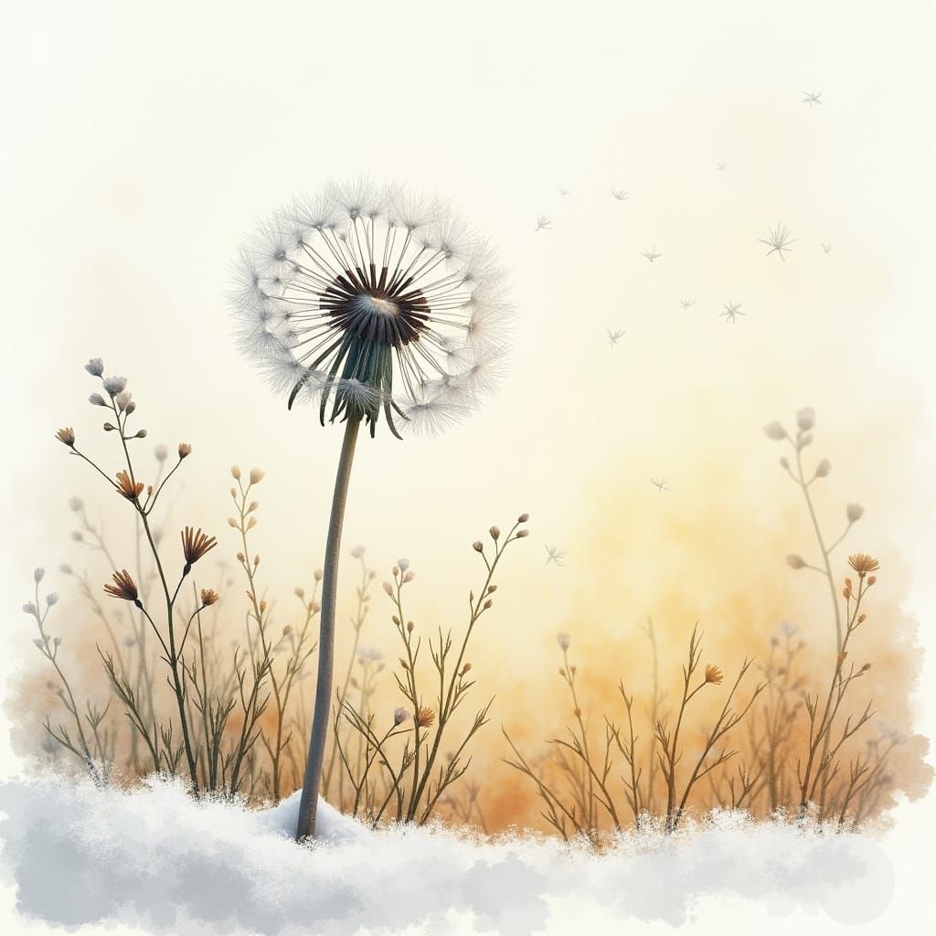 Silver Dandelion Rises Above Snowy Field in Watercolor