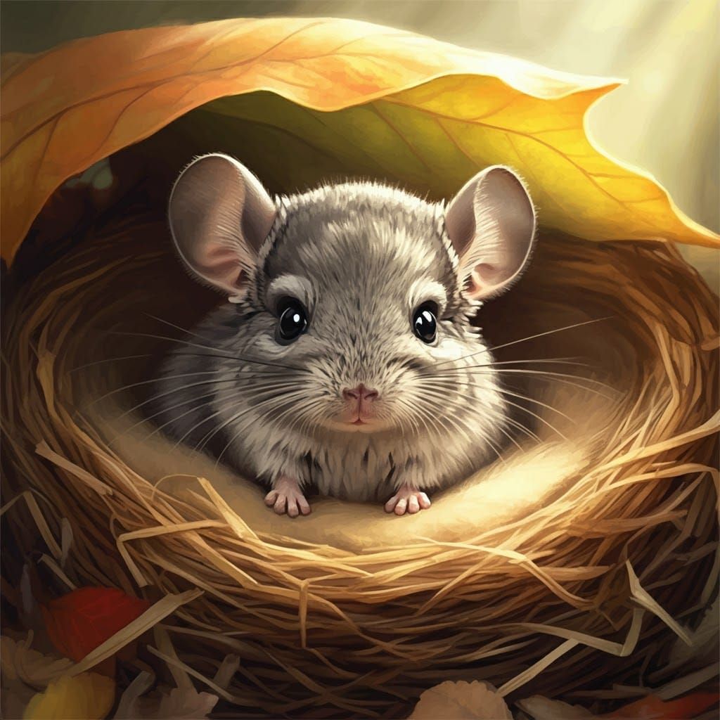 Baby Chinchilla in Cozy Nest, Watercolor Style