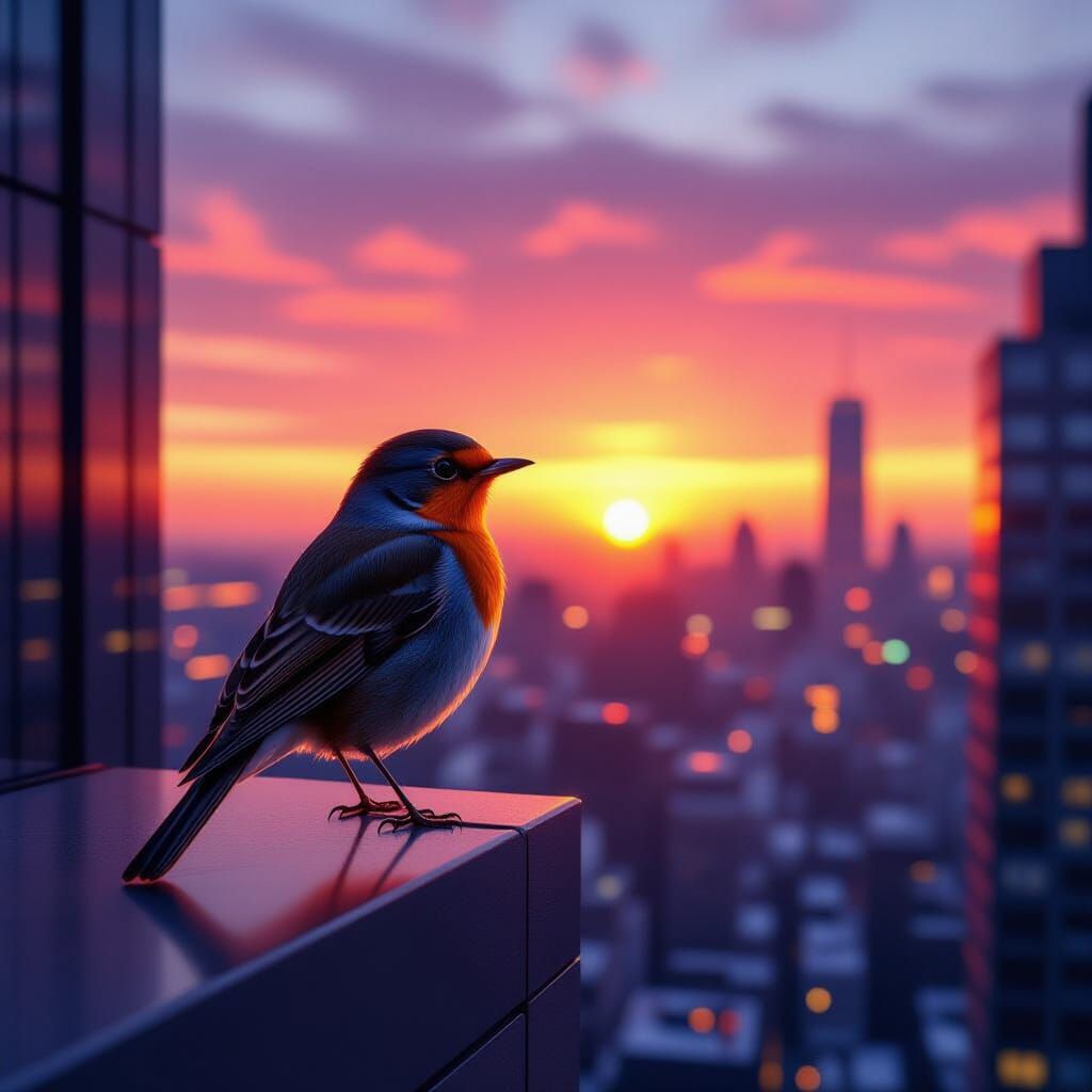 Robin Overlooking Neon Cityscape at Sunset