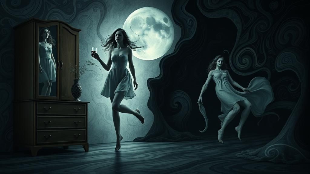 Surreal Sleepwalking Woman in Dreamlike Abstract Landscape