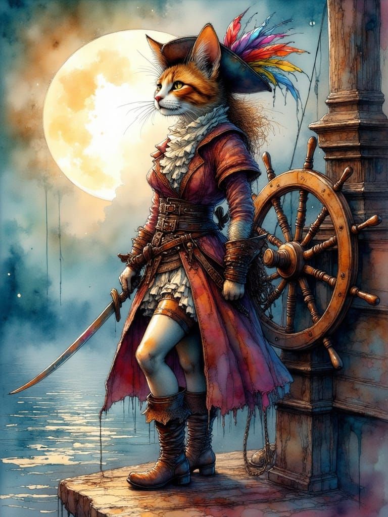 Calico Cat Pirate Captain's Metallic Watercolor Conquest
