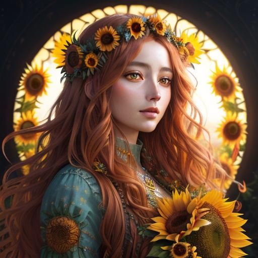 Sunflower Goddess Portrait in Hyperrealistic Style