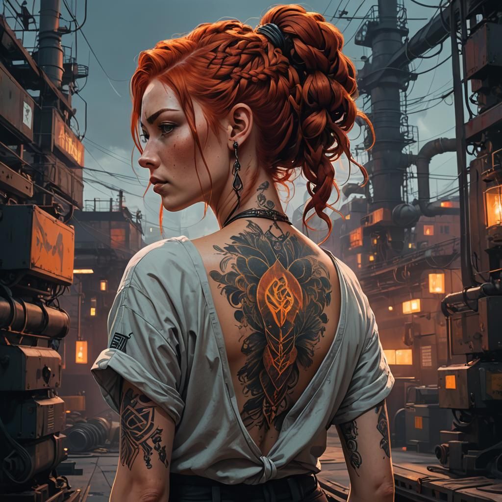 Tattooed Woman with Red Braids in Cyberpunk Style