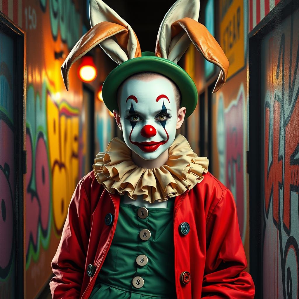 Playful Pop Art Clown Woman in Vibrant Cityscape