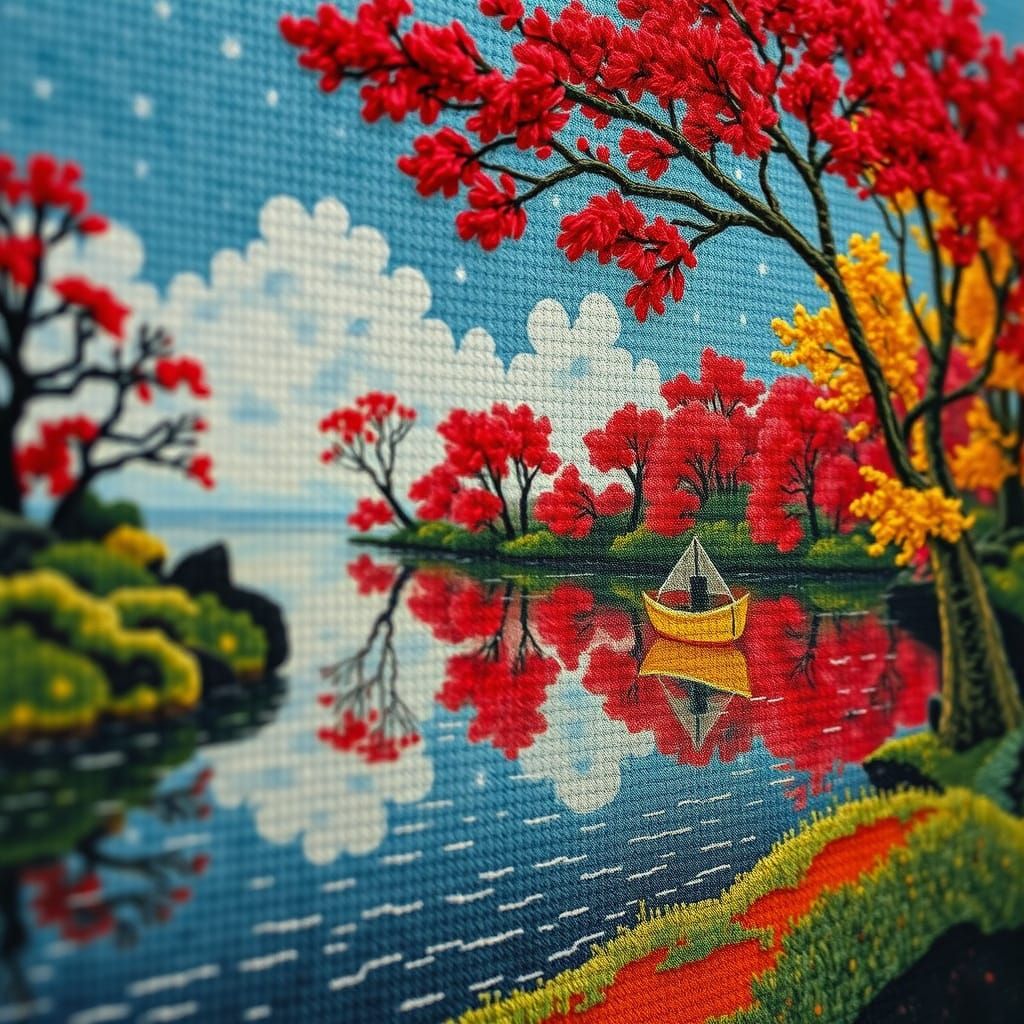 Vibrant Pointillist Needlepoint Masterpiece with Epic Riverb...