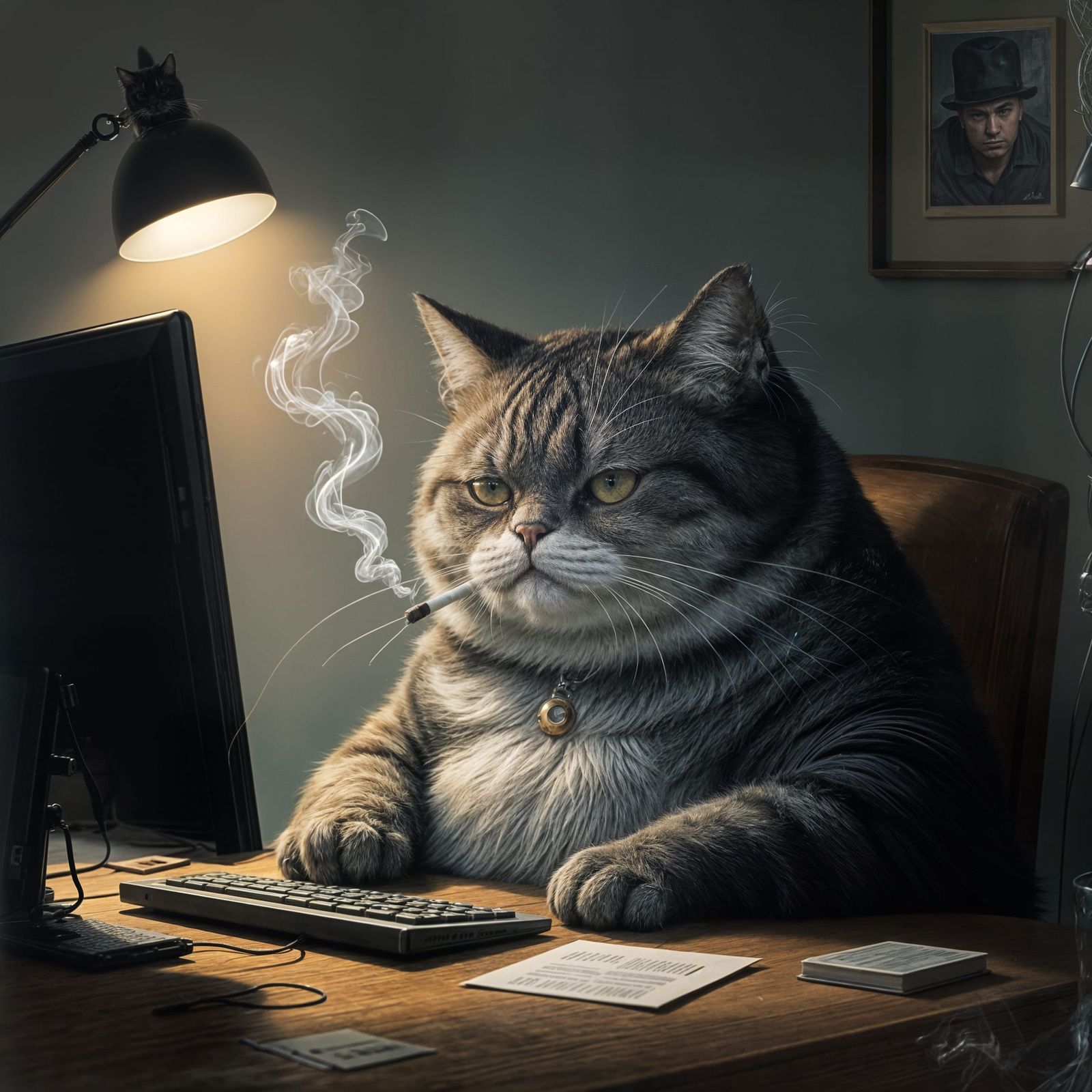Tired Fat Cat Sits at Computer in Moody Light