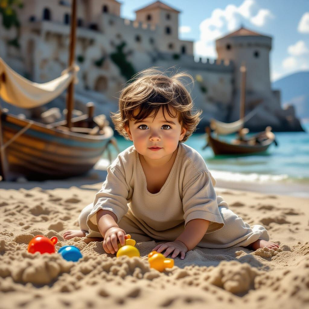 Baby Boy in 15th Century Italy Beach Scene