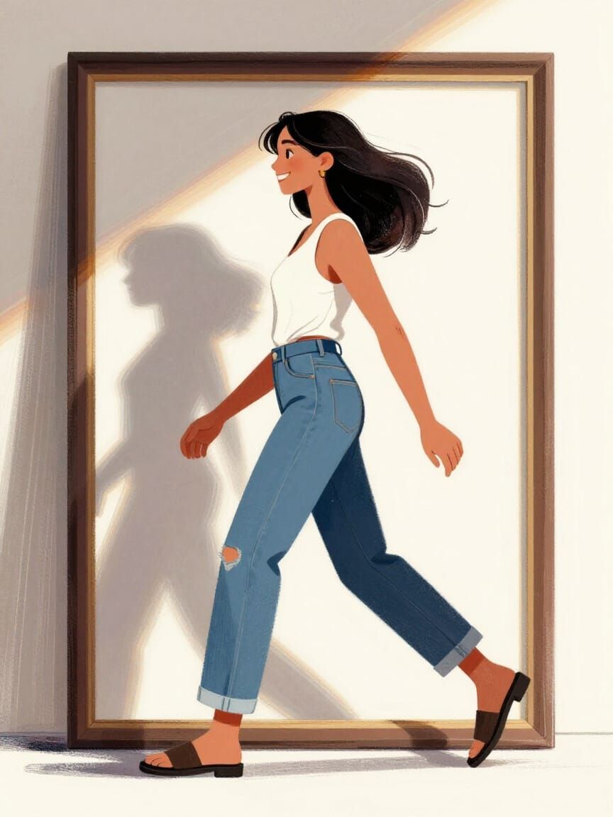 Woman Joyfully Steps Through Frame in Digital Painting