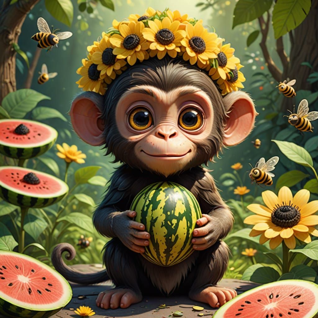 Adorable Monkey Character with Watermelon & Friendly Bee