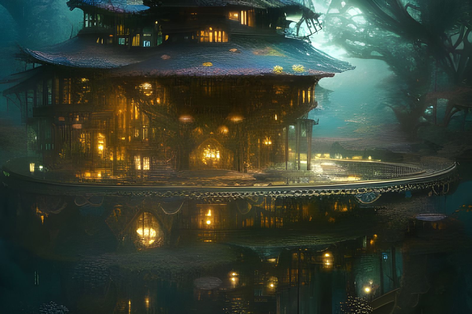 Treehouse fairy train station digital illustration