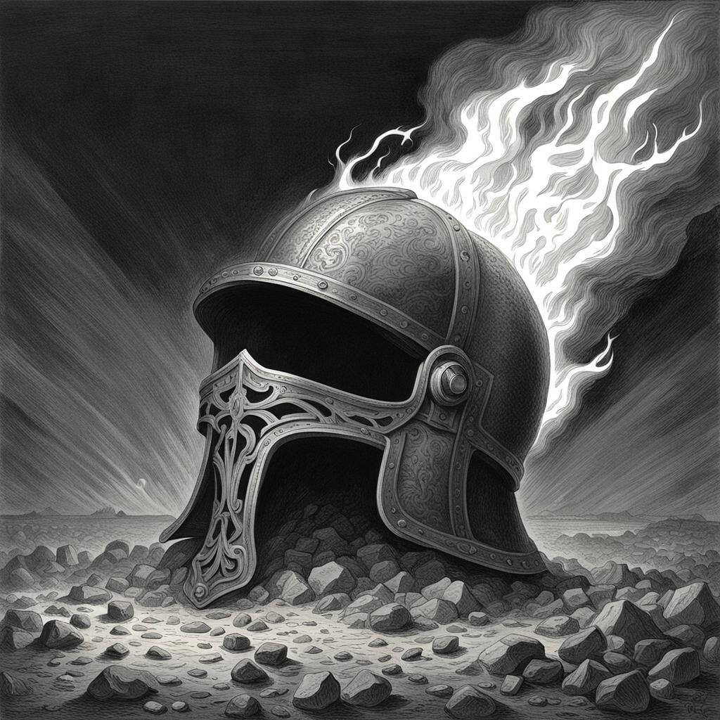 Thor's Hammer Helmet Ablaze: Gothic Horror Art