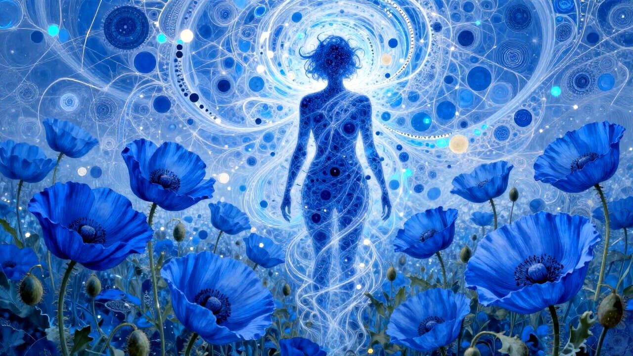 Man in Cobalt Blue Amidst Blue Poppies with Swirling Energy
