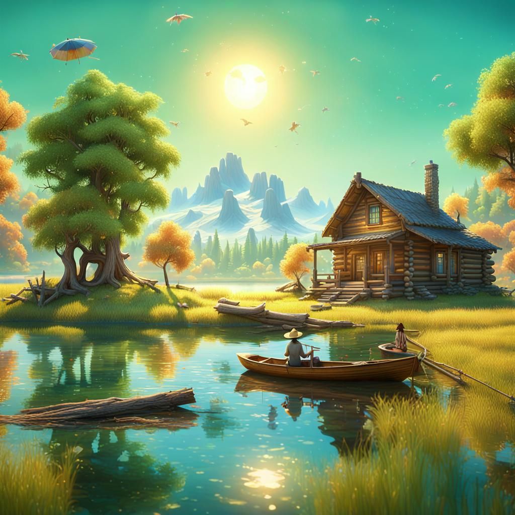 Idyllic Lakeside Prairie Scene in Detailed Matte Painting