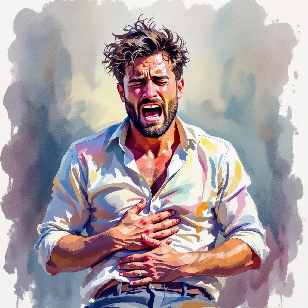 Man Clutching Abdomen in Pain, Expressive Watercolor Style