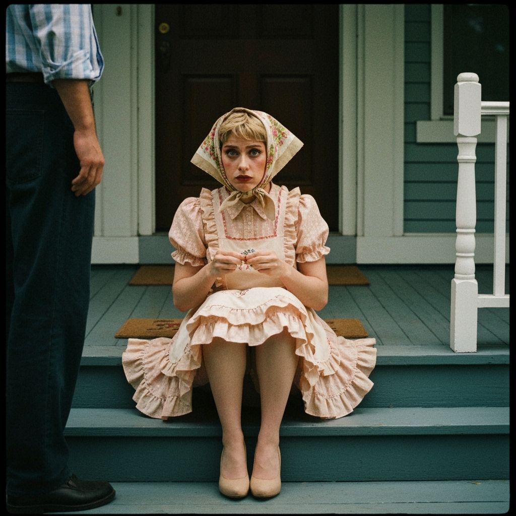 Feminine Figure in Vintage Apron Dress on Porch