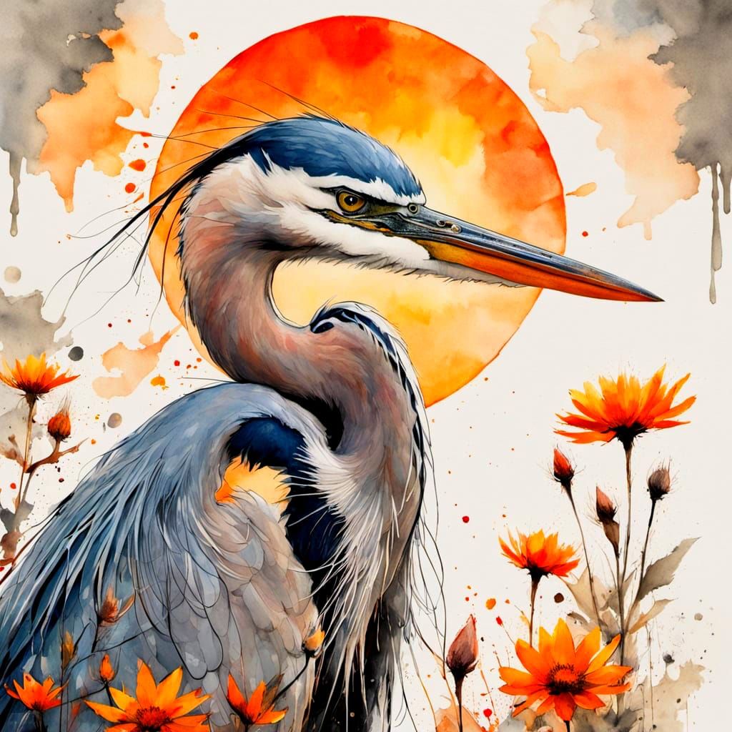Surreal Sumi-e Painting of a Great Blue Heron in Autumn