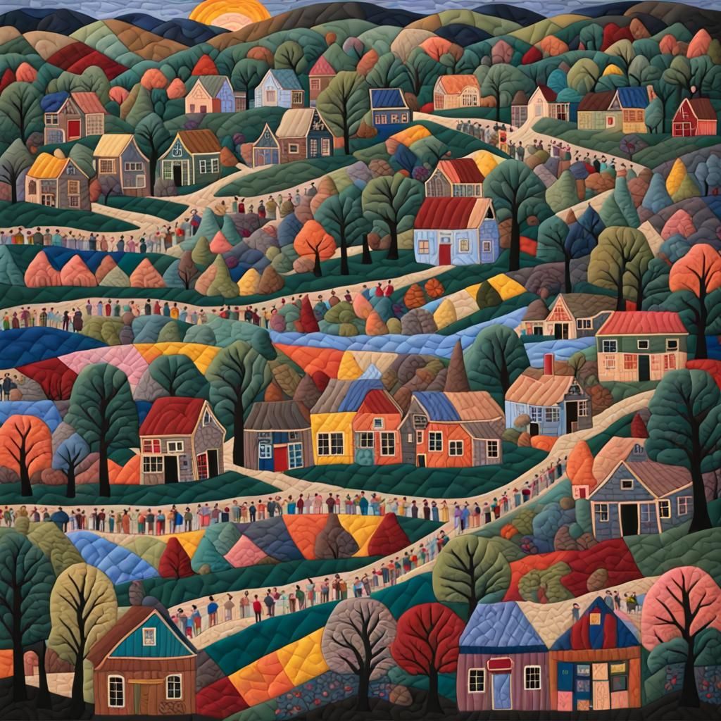 Art by Faith Ringgold, quilted landscape of a bustling village festival, vibrant patchwork depicting colorful stalls, sm...