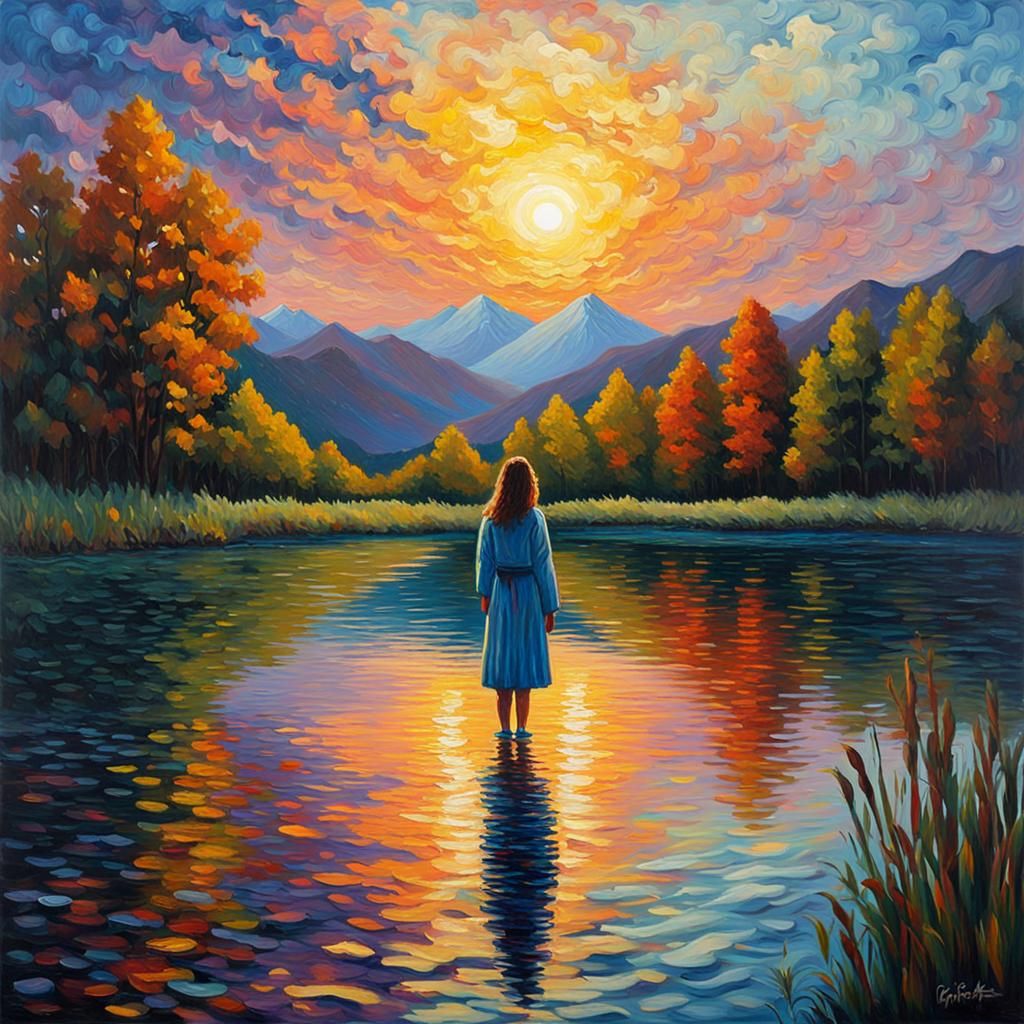 Woman in Lake at Sunrise: Expressionist Oil Painting